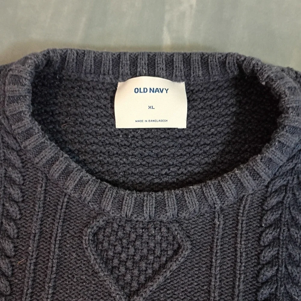 Old Navy Mens XL Navy Blue Cable Knit Waffle Textured Crewneck Sweater Pullover